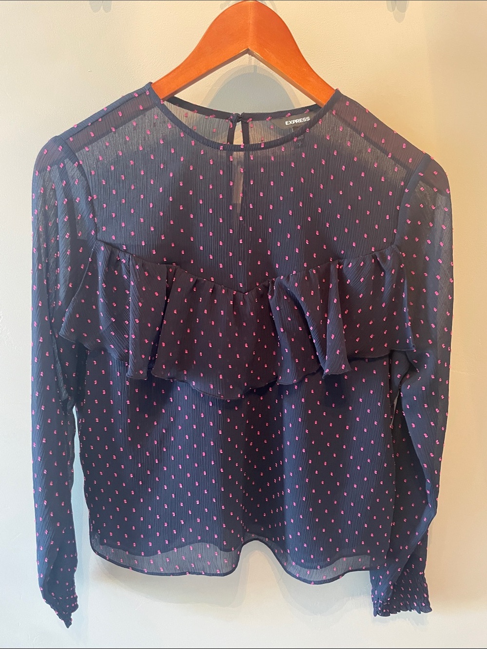 Express Navy Blouse with Pink Dots Size Small